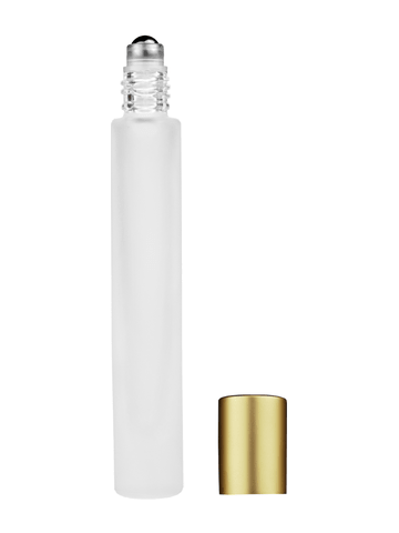 Tall cylinder design 9ml, 1/3oz frosted glass bottle with metal roller ball plug and matte gold cap.