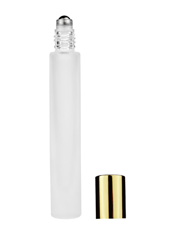Tall cylinder design 9ml, 1/3oz frosted glass bottle with metal roller ball plug and shiny gold cap.