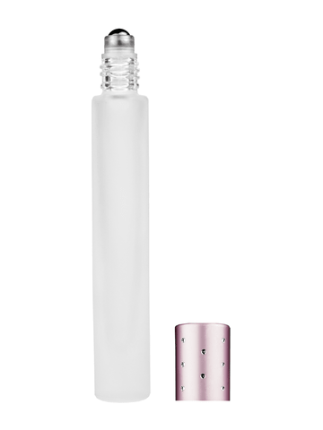 Tall cylinder design 9ml, 1/3oz frosted glass bottle with metal roller ball plug and pink cap with dots.