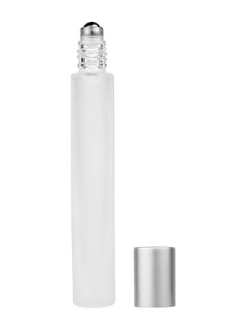Tall cylinder design 9ml, 1/3oz frosted glass bottle with metal roller ball plug and matte silver cap.