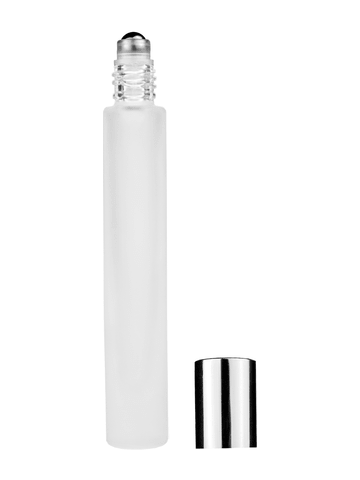 Tall cylinder design 9ml, 1/3oz frosted glass bottle with metal roller ball plug and shiny silver cap.