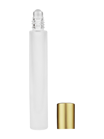Tall cylinder design 9ml, 1/3oz frosted glass bottle with plastic roller ball plug and matte gold cap.