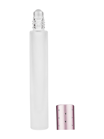 Tall cylinder design 9ml, 1/3oz frosted glass bottle with plastic roller ball plug and pink cap with dots.