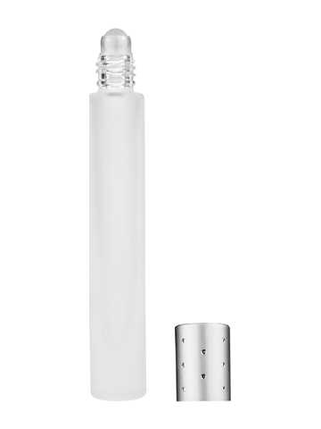 Tall cylinder design 9ml, 1/3oz frosted glass bottle with plastic roller ball plug and silver cap with dots.