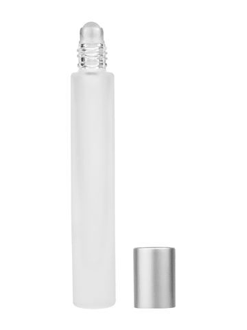 Tall cylinder design 9ml, 1/3oz frosted glass bottle with plastic roller ball plug and matte silver cap.