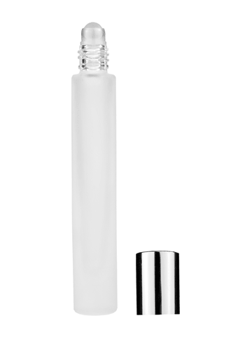 Tall cylinder design 9ml, 1/3oz frosted glass bottle with plastic roller ball plug and shiny silver cap.