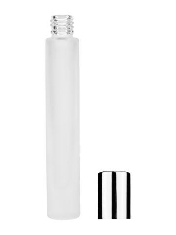 Tall cylinder design 9ml, 1/3oz frosted glass bottle with shiny silver cap.