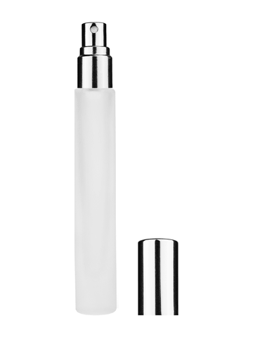 Tall cylinder design 9ml, 1/3oz frosted glass bottle with shiny silver spray.