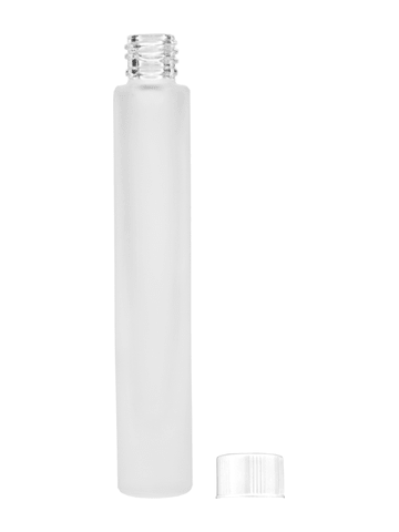 Tall cylinder design 9ml, 1/3oz frosted glass bottle with short white cap.