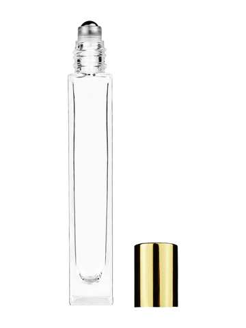 Tall rectangular design 10ml, 1/3oz Clear glass bottle with metal roller ball plug and shiny gold cap.