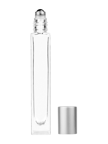 Tall rectangular design 10ml, 1/3oz Clear glass bottle with metal roller ball plug and matte silver cap.