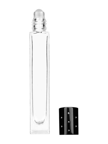 Tall rectangular design 10ml, 1/3oz Clear glass bottle with plastic roller ball plug and black shiny cap with dots.