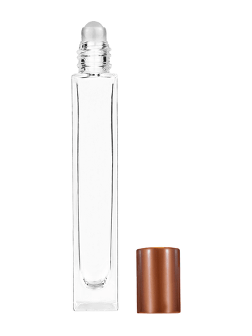 Tall rectangular design 10ml, 1/3oz Clear glass bottle with plastic roller ball plug and matte copper cap.