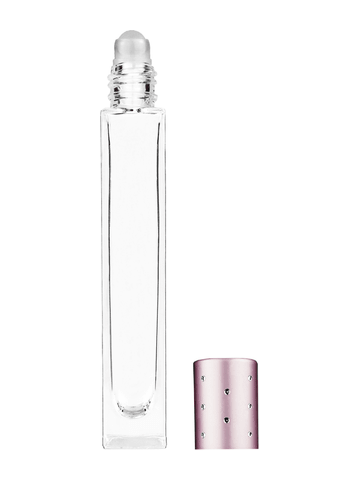 Tall rectangular design 10ml, 1/3oz Clear glass bottle with plastic roller ball plug and pink cap with dots.