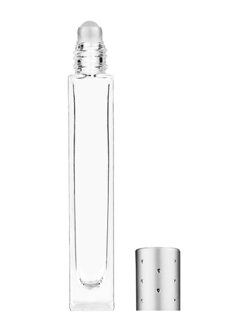 Tall rectangular design 10ml, 1/3oz Clear glass bottle with plastic roller ball plug and silver cap with dots.