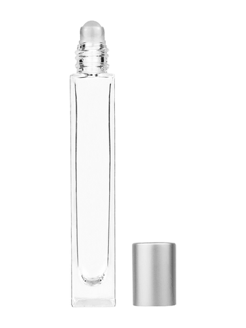 Tall rectangular design 10ml, 1/3oz Clear glass bottle with plastic roller ball plug and matte silver cap.