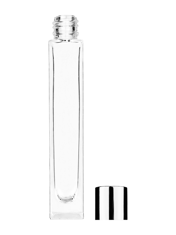 Empty Clear glass bottle with short shiny silver cap capacity: 10ml, 1/3oz. For use with perfume or fragrance oil, essential oils, aromatic oils and aromatherapy.