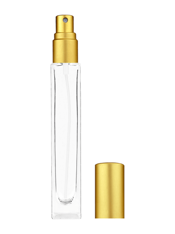 Tall rectangular design 10ml, 1/3oz Clear glass bottle with matte gold spray.