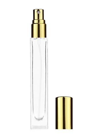 Tall rectangular design 10ml, 1/3oz Clear glass bottle with shiny gold spray.