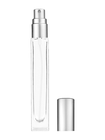 Tall rectangular design 10ml, 1/3oz Clear glass bottle with matte silver spray.