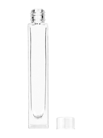 Tall rectangular design 10ml, 1/3oz Clear glass bottle with short white cap.