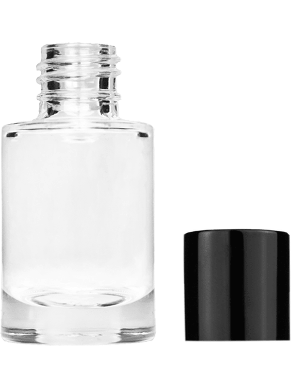 Empty Clear glass bottle with short shiny black cap capacity: 6ml, 1/5oz. For use with perfume or fragrance oil, essential oils, aromatic oils and aromatherapy.