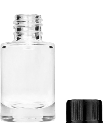 Tulip design 6ml, 1/5oz Clear glass bottle with short black ridged cap.