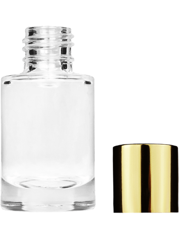 Empty Clear glass bottle with short shiny gold cap capacity: 6ml, 1/5oz. For use with perfume or fragrance oil, essential oils, aromatic oils and aromatherapy.