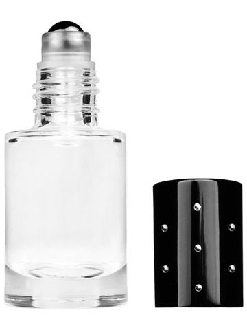 Tulip design 6ml, 1/5oz Clear glass bottle with metal roller ball plug and black shiny cap with dots.