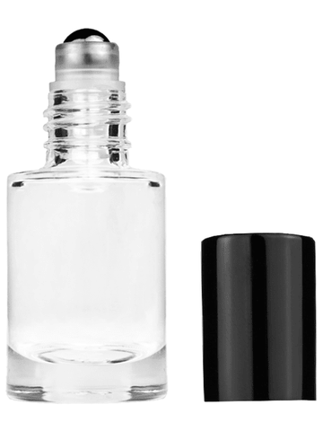 Tulip design 6ml, 1/5oz Clear glass bottle with metal roller ball plug and black shiny cap.