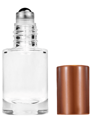 Tulip design 6ml, 1/5oz Clear glass bottle with metal roller ball plug and matte copper cap.