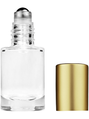 Tulip design 6ml, 1/5oz Clear glass bottle with metal roller ball plug and matte gold cap.