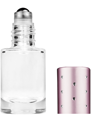 Tulip design 6ml, 1/5oz Clear glass bottle with metal roller ball plug and pink cap with dots.