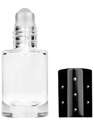 Tulip design 6ml, 1/5oz Clear glass bottle with plastic roller ball plug and black shiny cap with dots.