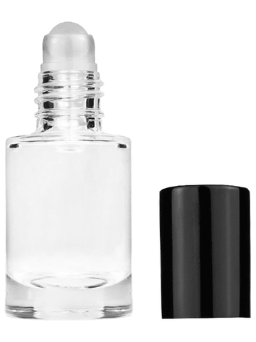 Tulip design 6ml, 1/5oz Clear glass bottle with plastic roller ball plug and black shiny cap.