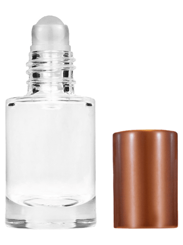 Tulip design 6ml, 1/5oz Clear glass bottle with plastic roller ball plug and matte copper cap.