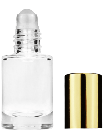 Tulip design 6ml, 1/5oz Clear glass bottle with plastic roller ball plug and shiny gold cap.