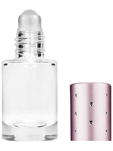 Tulip design 6ml, 1/5oz Clear glass bottle with plastic roller ball plug and pink cap with dots.