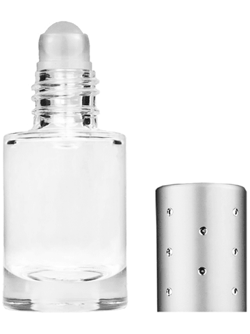 Tulip design 6ml, 1/5oz Clear glass bottle with plastic roller ball plug and silver cap with dots.