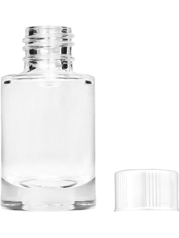 Tulip design 6ml, 1/5oz Clear glass bottle with short white cap.