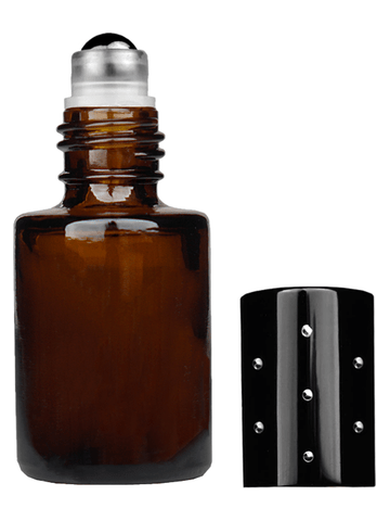 Tulip design 5ml, 1/6 oz Amber glass bottle with metal roller ball plug and black shiny cap with dots.