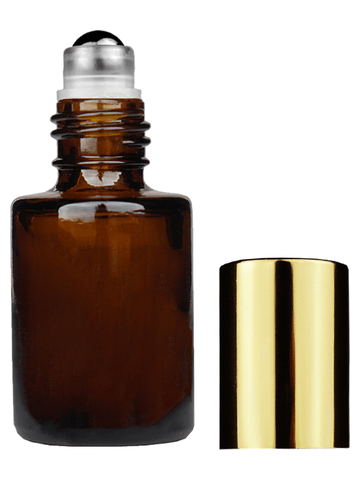 Tulip design 5ml, 1/6 oz Amber glass bottle with metal roller ball plug and shiny gold cap.