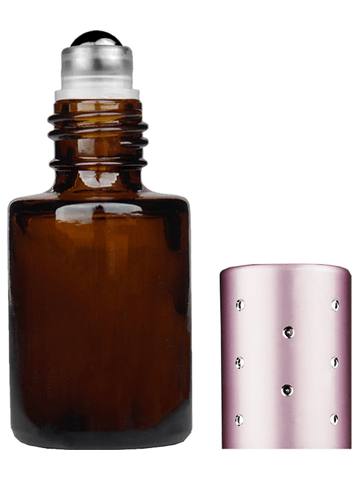Tulip design 5ml, 1/6 oz Amber glass bottle with metal roller ball plug and pink cap with dots.