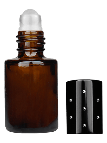 Tulip design 5ml, 1/6 oz Amber glass bottle with plastic roller ball plug and black shiny cap with dots.