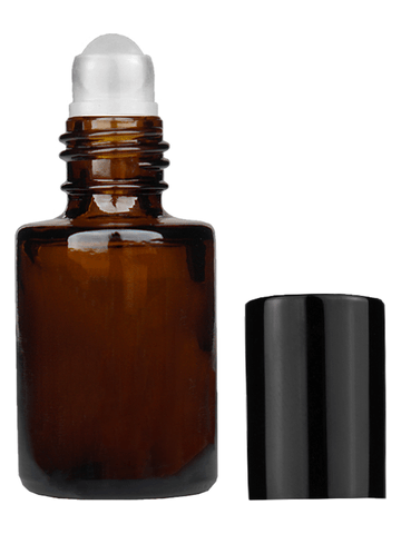 Tulip design 5ml, 1/6 oz Amber glass bottle with plastic roller ball plug and black shiny cap.