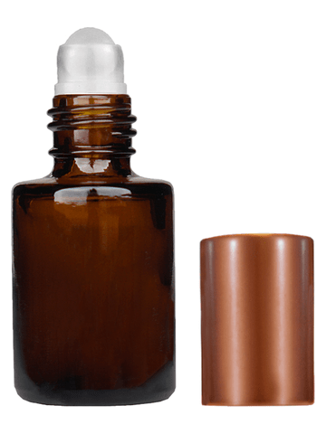 Tulip design 5ml, 1/6 oz Amber glass bottle with plastic roller ball plug and matte copper cap.
