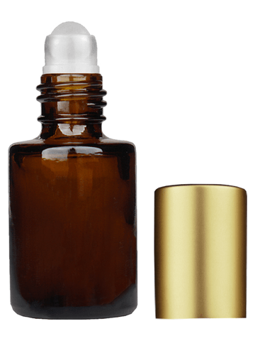 Tulip design 5ml, 1/6 oz Amber glass bottle with plastic roller ball plug and matte gold cap.