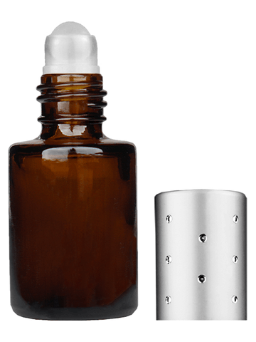 Tulip design 5ml, 1/6 oz Amber glass bottle with plastic roller ball plug and silver cap with dots.