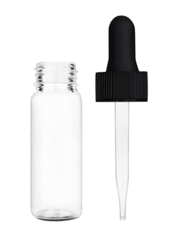 Vial design 1 dram Clear glass vial with black dropper.