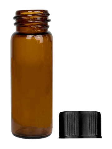 Vial design 1 dram Amber glass vial with black short cap.